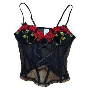 Y2K Black & Red Floral Embroidered Sheer Lingerie Top Size L